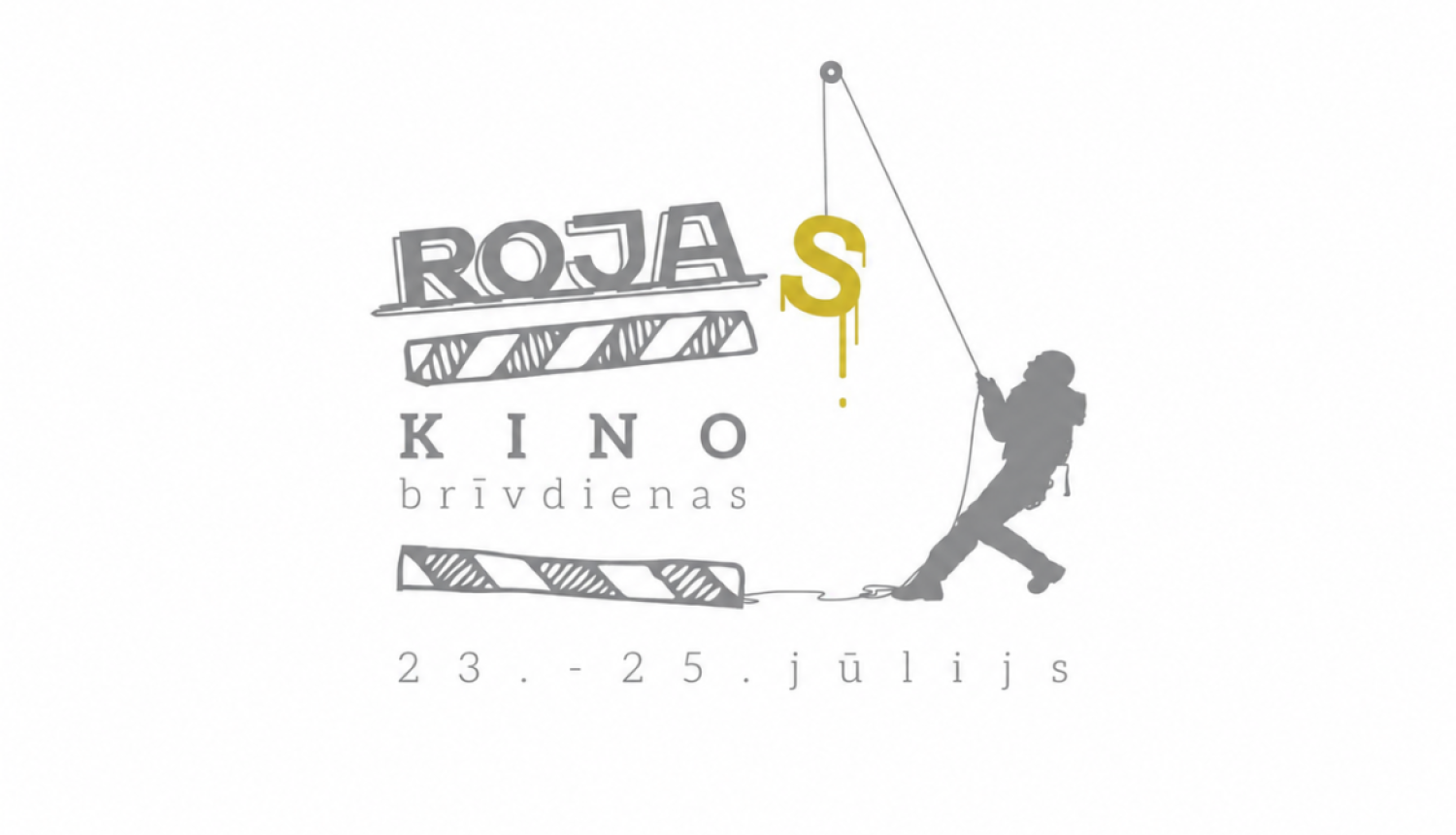 Stilizēta filmu klapīte un cilvēka siluets uz balta fona, teksts: "Rojas kino brīvdienas / 23-25 jūlijs"