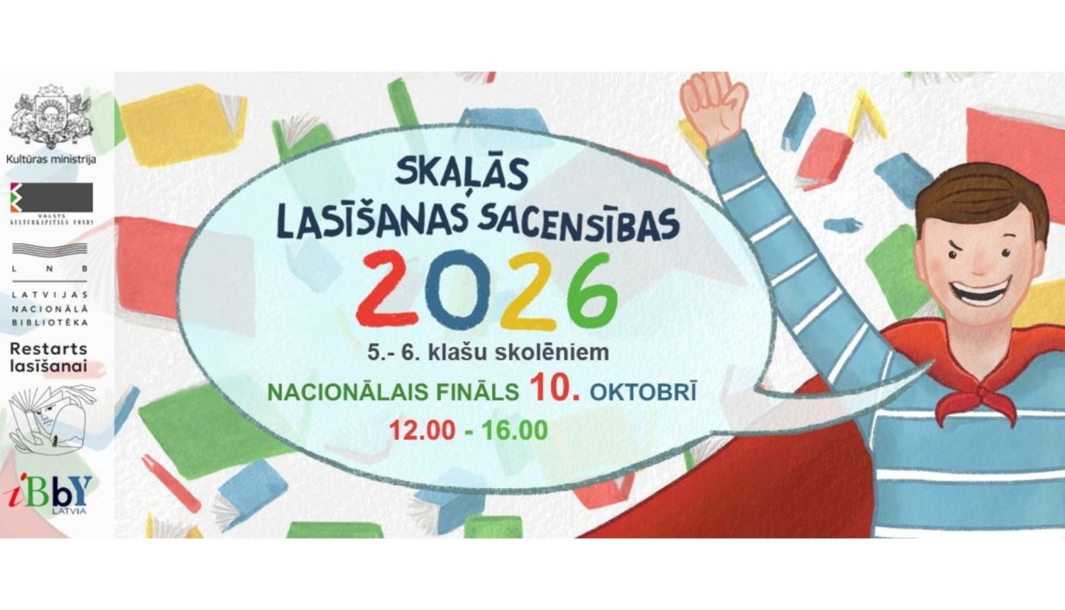 Krāsaina afiša ar informāciju, logo, fonā zēna ilustrācija supervaroņa tēlā