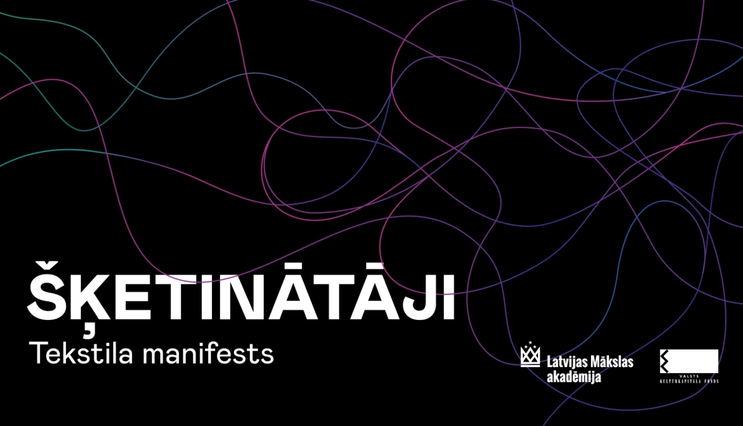 Tumšas krāsas afiša ar tekstu “ŠĶETINĀTĀJI. Tekstila manifests”