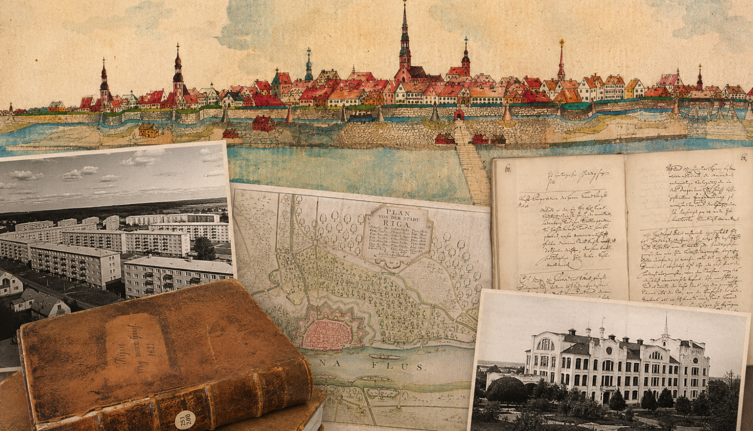 Vēsturiskās Rīgas attēlojums, karte, pieraksti, divas fotogrāfijas