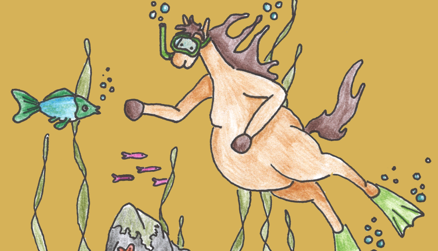 Ilustrācija ar zirgu, kas peld zem ūdens un vēro zemūdens pasauli