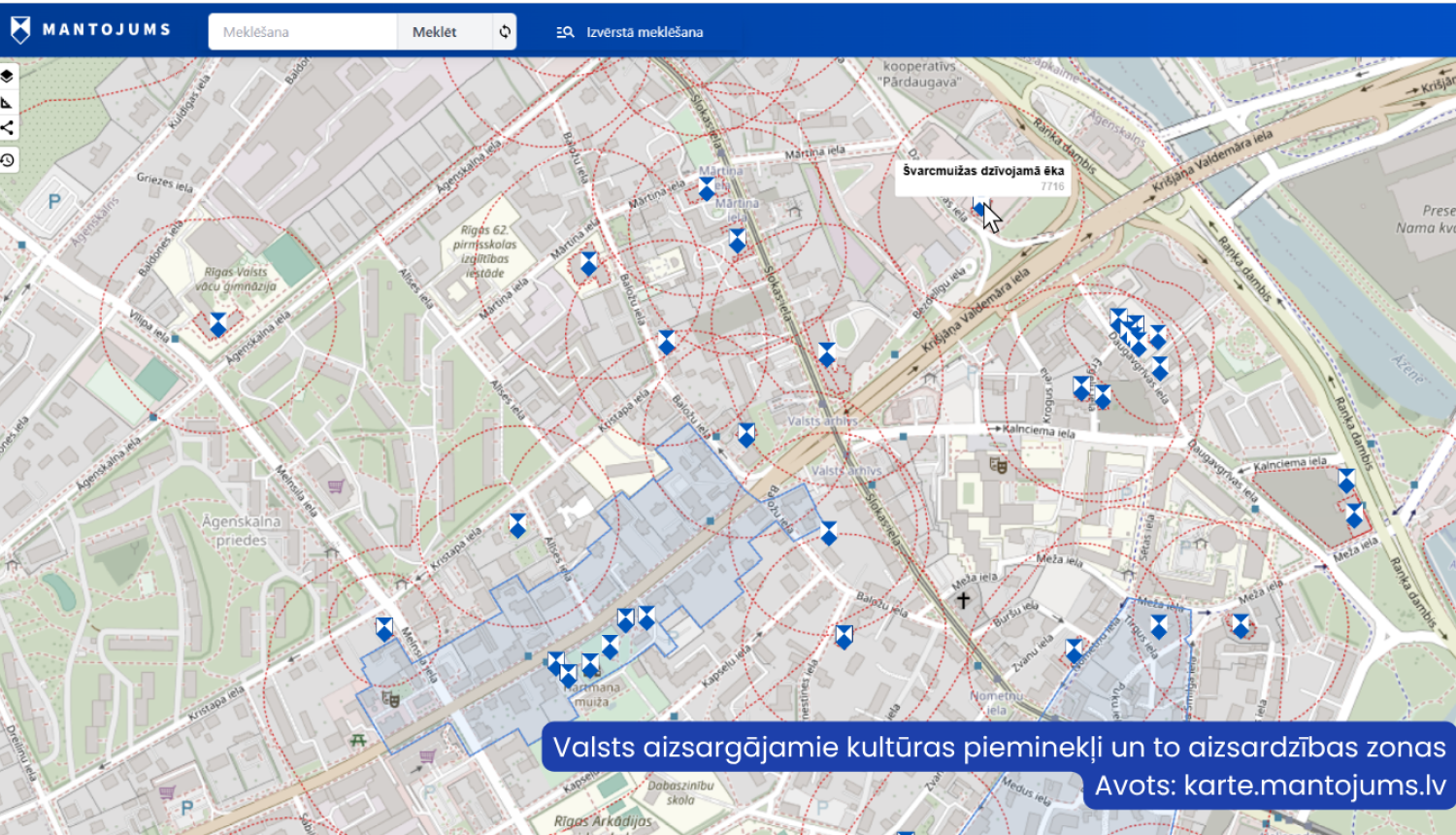 No informācijas sistēmas "Mantojums" Āgenskalna karte ar atzīmētiem valsts aizsargājamiem kultūras piemenkļiem un to aizsardzības zonām, apakša uz zila fona skaidrojums