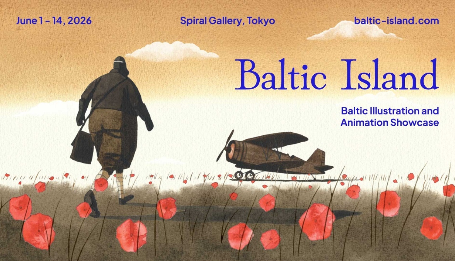 Uz Leščova animācijas filmas kadra, kur pilots magoņu laukā dodas uz lidmašīnu, informācija par "Baltic Island"
