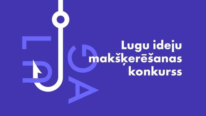Teksts uz violetas krāsas fona: "Lugu ideju makšķerēšanas konkurss"