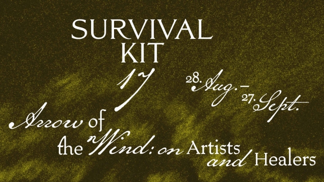 Survival Kit 17 vizuālā identitāte ar tekstu gaišā krāsā "Survival Kit 16" uz tumši zaļa fona