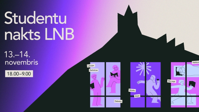 Vizuālis ar Gaismas pils siluetu un tekstu: Studentu nakts LNB 13.-14. novembris