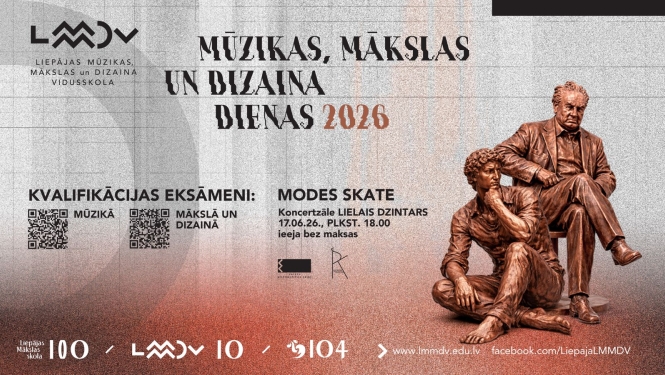 Afiša ar skulptūras figūru un tekstu: Mūzikas, mākslas un dizaina dienas 2026