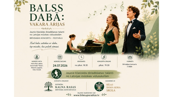 Festivāla "Balss dabā" afiša ar informāciju par pasākumu, diviem vokālistiem un pianisti