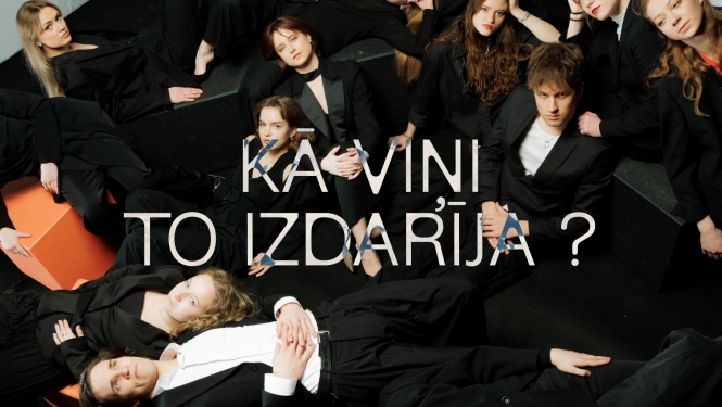 Semināru cikla vizuālā identitāte - foto ar studentiem un teksts uz attēla "Kā viņi to izdarīja?"