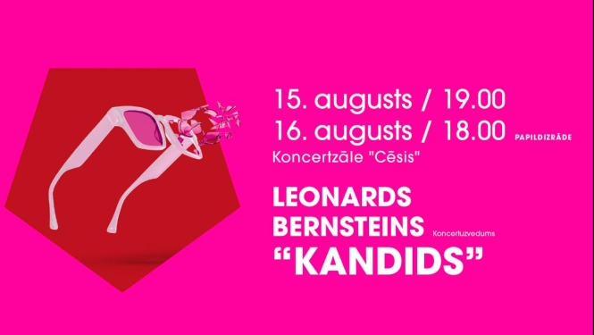 Uz rozā fona sarkanā piecstūrī brilles, informācija par opereti, galvenais teksts: "Leonards Bernsteins “Kandids”"