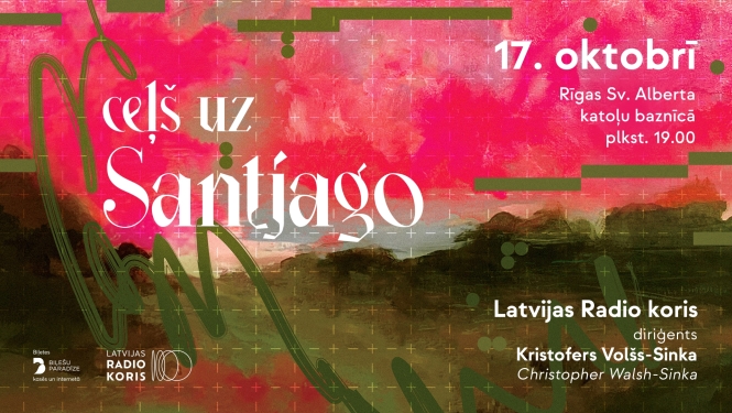 Teksts uz gleznotu ainavu fonā: Ceļš uz Santjago