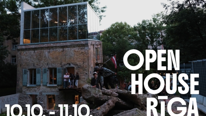 Pasākuma afiša - foto ar ēku un teksts 10.10.-11.10. OPEN HOUSE RĪGA