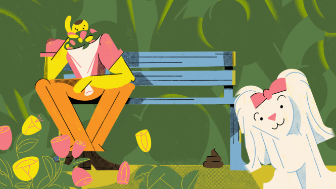 Ilustrācija, kurā redzams parks, soliņš cilvēks, suns un kaka