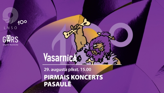 Zīmējums ar akmens laikmeta cilvēku, teksts: Vasarnīca, 29. augusts plkst. 15.00; Pirmais koncerts pasaulē