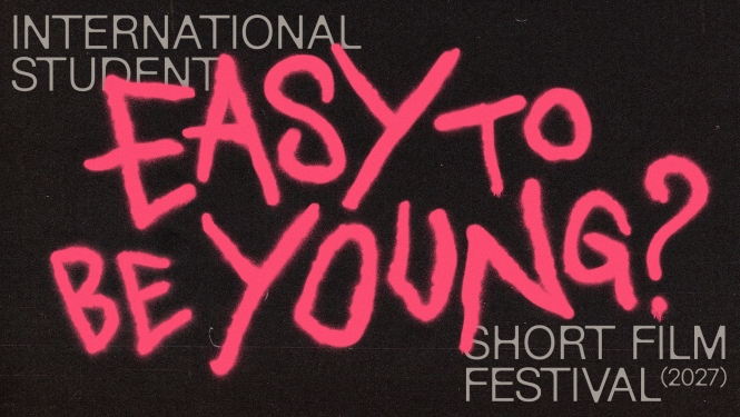 Dekoratīvs attēls ar tekstu: International student short film festival. Esay to be Young?