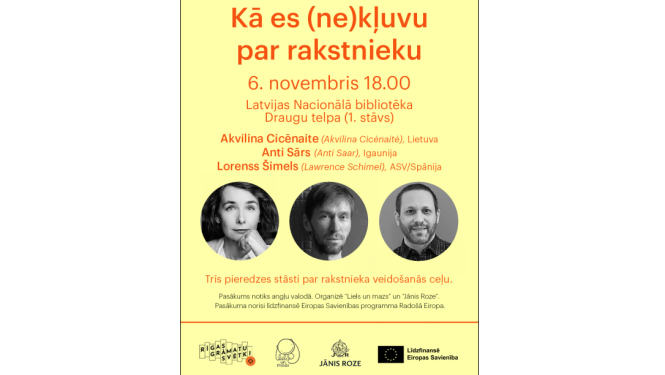 Ilustratīvs attēls ar trīs rakstnieku portretiem un tekstu: Kā es (ne)kļuvu par rakstnieku