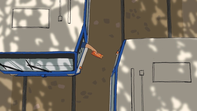 Kadrs no animācijas mākslas filmas, viens tramvaja vadītājs padod saldumus otram