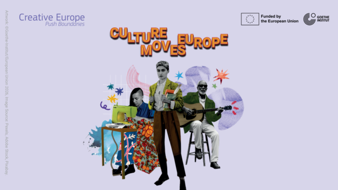 Vizuālais materiāls Culture Moves Europe individuālās mobilitātes konkursam. Violeta fona centrā ir kolāža, kas sastāv no 3 mākslinieku  - mūziķa, rakstnieces, grafiskās dizainieres - attēliem, un dekoratīviem kolāžas elementiem..
