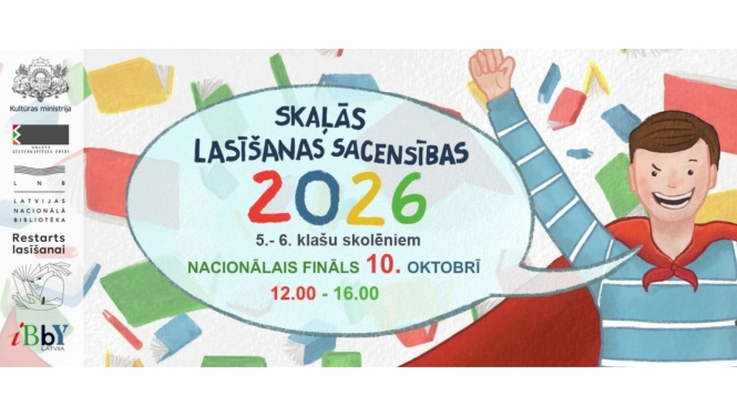 Krāsaina afiša ar informāciju, logo, fonā zēna ilustrācija supervaroņa tēlā