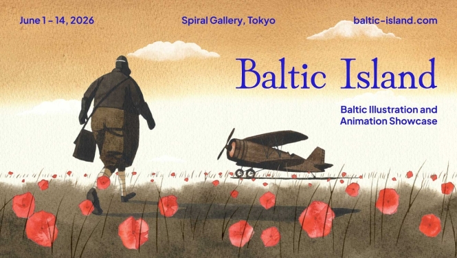 Uz Leščova animācijas filmas kadra, kur pilots magoņu laukā dodas uz lidmašīnu, informācija par "Baltic Island"