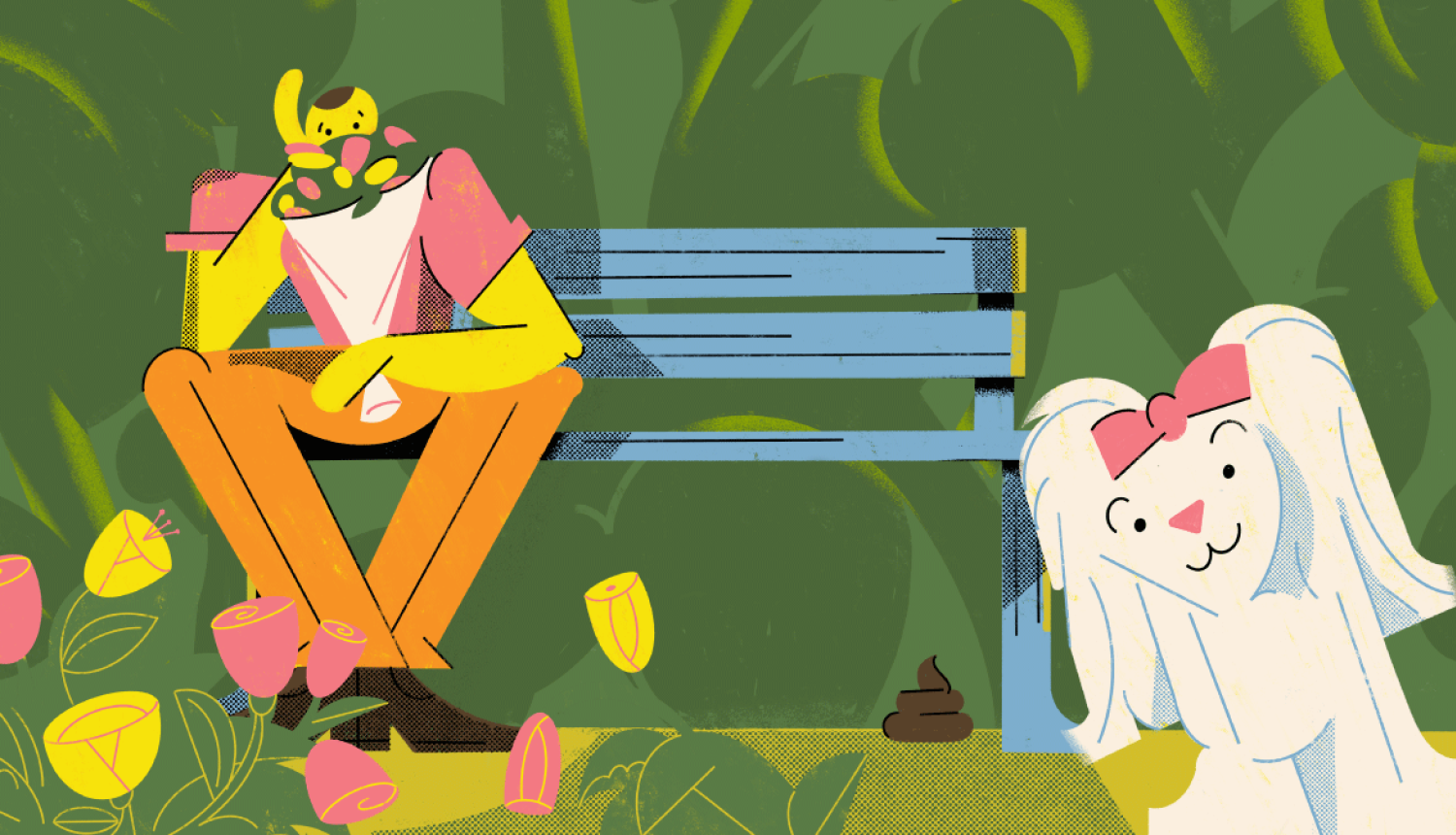 Ilustrācija, kurā redzams parks, soliņš cilvēks, suns un kaka