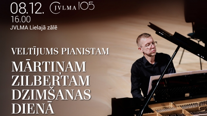 Teksts uz attēlā, kurā redzams pianists Mārtiņš Zilberts: “Veltījums pianistam Mārtiņam Zilbertam dzimšanas dienā”