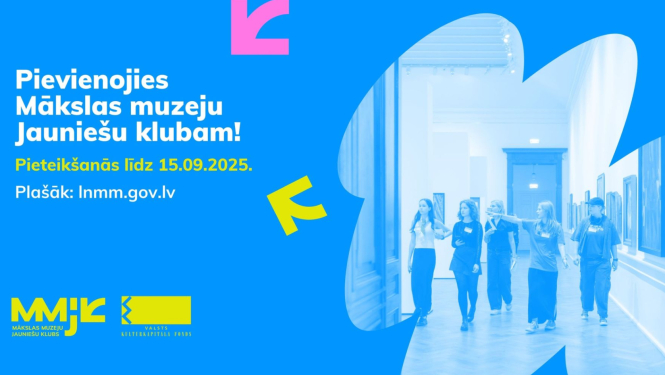 Aicinājums dalībai Mākslas muzeju Jauniešu kluba 8. sezonā uz zila fona, ar jauniešu attēlu