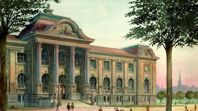 Vilhelms Neimanis (Wilhelm Neumann). Rīgas pilsētas mākslas muzeja fasādes skice. 1902.  Papīrs, akvarelis. LNMM kolekcija. Publicitātes foto