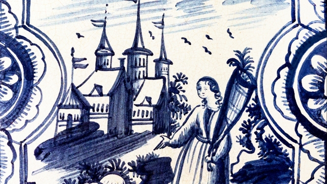 Fragments no krāsns podiņa "Sieviete ar pārpilnības ragu". Hercoga ģērbistabas krāsns, Ivana Ušakova brigādes darbs, 1738