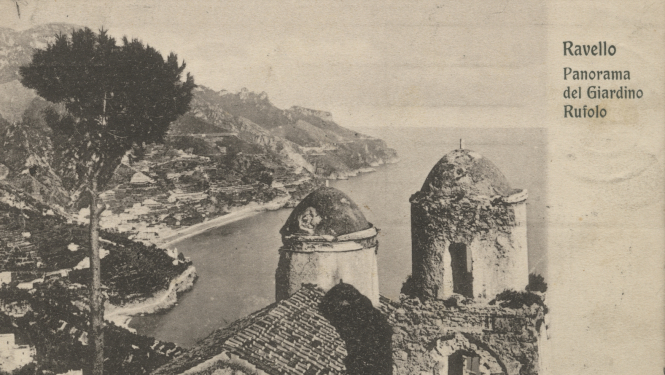 Gleznotāja Mateo Brondī pastkarte Janim Rozentālam – Santa Maria delle Grazie baznīcas torņi Rufolo pils dārzos Ravello pilsētā Amalfi. 1912. RTMM 391081.