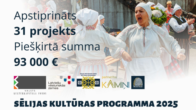 Attēls ar dejojošiem cilvēkiem un tekstu: Apstiprināts 31 projekts, piešķirtā summa 93 000 eiro