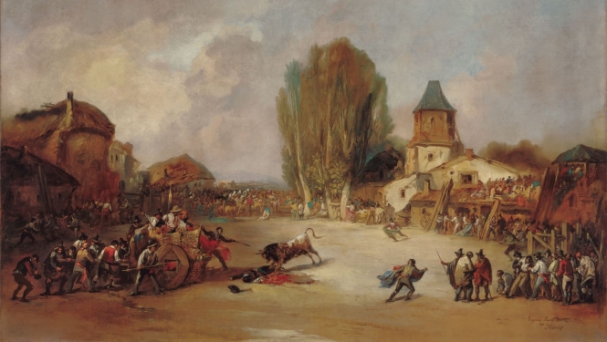 Euhenio Lukass Velaskess (Eugenio Lucas Velázquez, 1817–1879). Nobadīšana līdz nāvei ciemata vēršu cīņās. 1855. Audekls, eļļa. Colección Carmen Thyssen-Bornemisza deponējums Museo Carmen Thyssen Málaga. Publicitātes foto