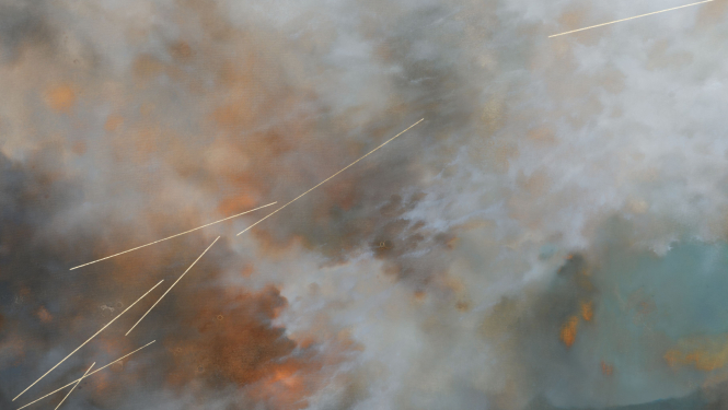 Lietuviešu mākslinieces Diānas Rudokienes darbs "Mijkreslis", saplūstoši krāsu laukumi, kas atgādina debesis un mākoņus