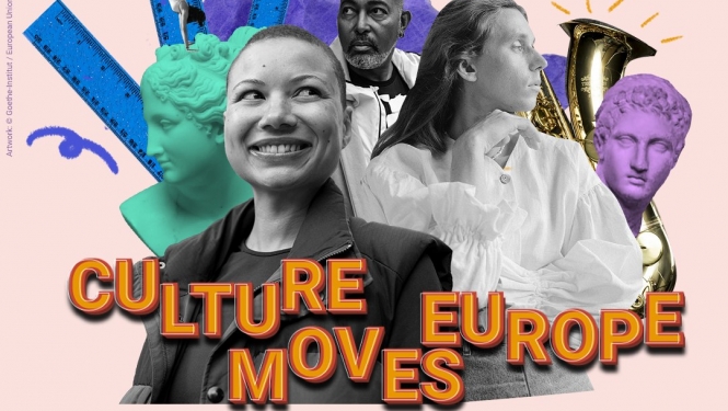 culture moves europe vizuālais materiāls uz rozā fona; attēlā var redzēt 3 cilvēkus, mūzikas instrumentus, cilvēku skulptūras. Teksts uz attēla: Culture Moves Europe.