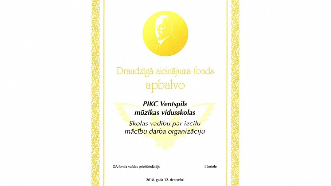 PIKC “Ventspils Mūzikas vidusskola” ieguvusi 3. vietu Draudzīgā aicinājuma skolu reitingā specializēto skolu nominācijā