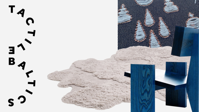Izstādes publicitātes attēls ar izstādes darbu elementiem un teksu "Tactile Baltics”
