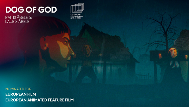 Kadrs no režisoru brāļu Ābeļu animācijas filmas “Dieva suns” - kadrā tumša ainava un vairāki filmas tēli