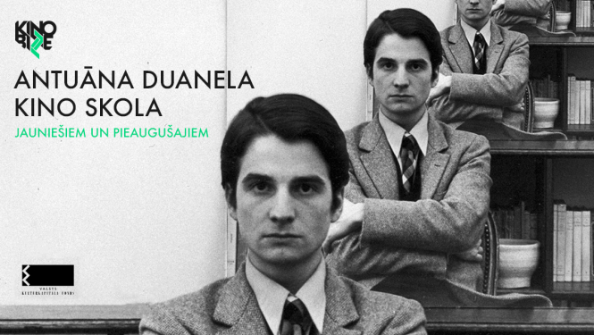 Kadrs ar melnbaltu vīrieša portretu 3 attālumos, uzraksts: Antuāna Duanela Kino skola