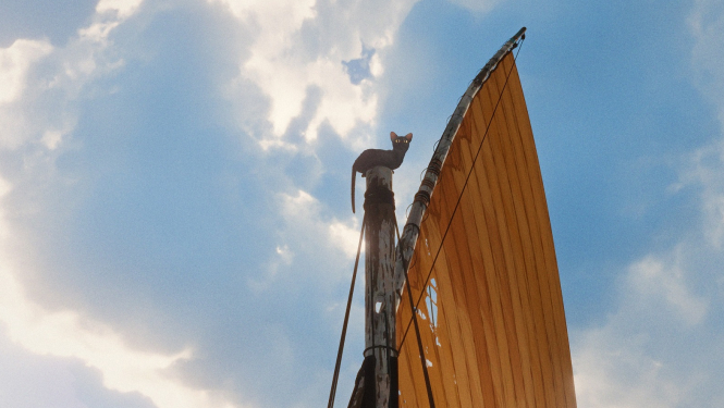 Screenshot from the film "Flow" - cat on the ship