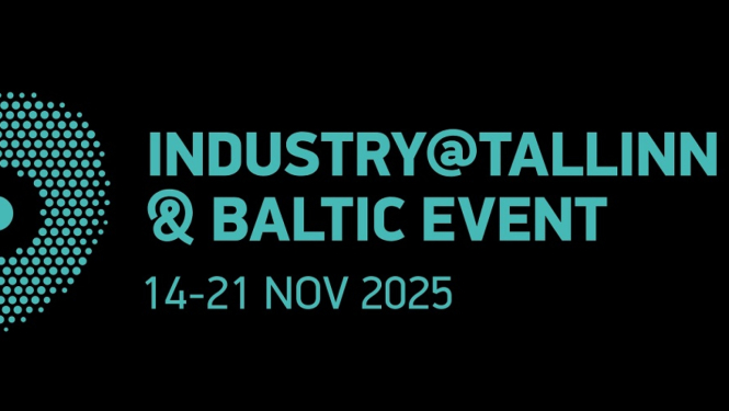 Zilganzaļš teksts uz melna fona "Industry @Tallinn & Baltic event, 14.-21. nov 2025"