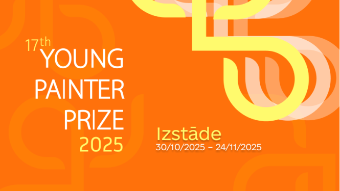 Starptautiskā jauno gleznotāju konkursa afiša ar gaišu uzrakstu “The Young Painter Prize 2025”