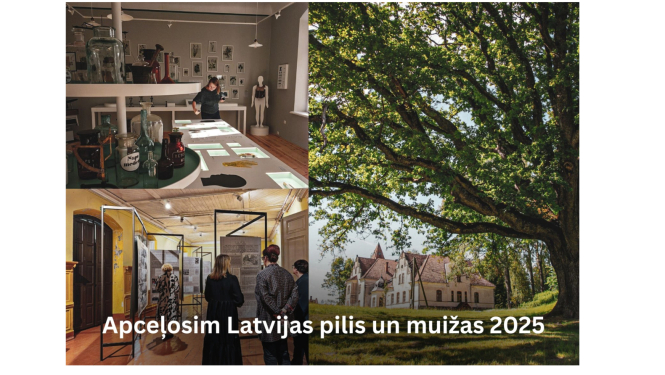 Kolāža ar aicinājumu: "Apceļosim Latvijas pilis un muižas 2025"