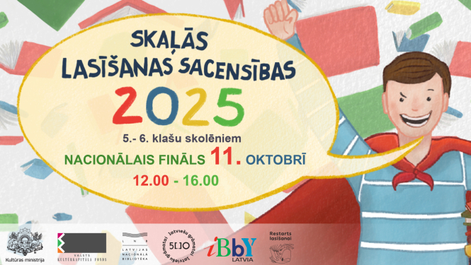 Krāsaina afiša ar zēna ilustrāciju supervaroņa tērpā - Skaļās lasīšanas sacensības 2025"