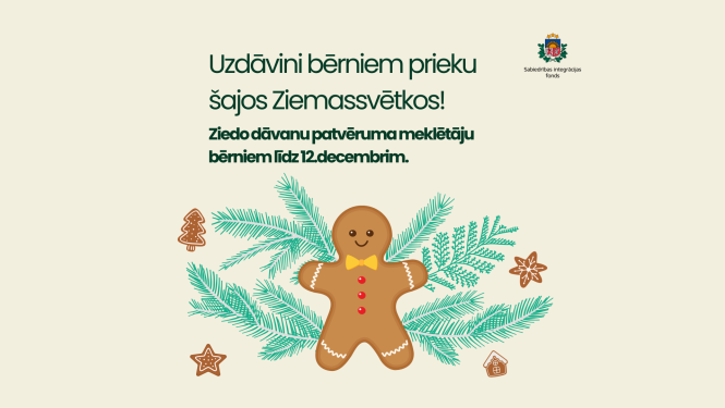 Attēls ar animētu piparkūku vīriņu, egļu zariem un tekstu - Uzdāvini bērniem prieku šajos Ziemassvētkos!