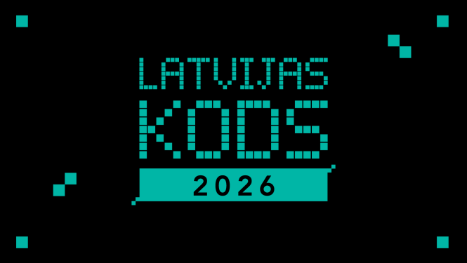 Tirkīzkrāsas uzraksts uz melna fona: LATVIJAS KODS 2026