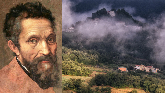 Mikelandželo Buonarroti portrets un glezna, kurā redzama ainava