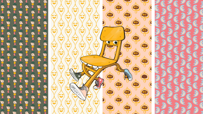 Raibs, krāsains fons un personificēts krēsls ar sporta kurpēm uz katras kājas