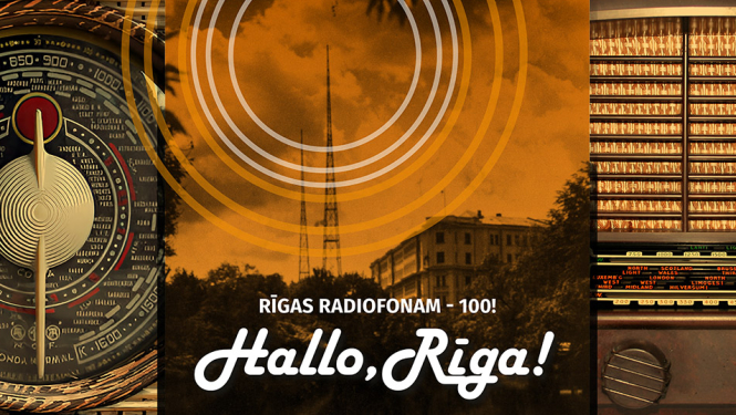 “HALLO, RĪGA! RĪGAS RADIOFONAM –100” plakāts ar radio elemntiem, radiotorni un tekstu: "RĪGAS RADIOFONAM - 100! - Hallo, Rīga!"