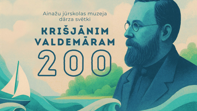 Zīmējums - Krišjāņa Valdemāra profils, stilizēti jūras viļņi, buru laiva, uzraksts: Ainažu jūrskolas muzeja dārza svētki Krišjānim Valdemāram 200