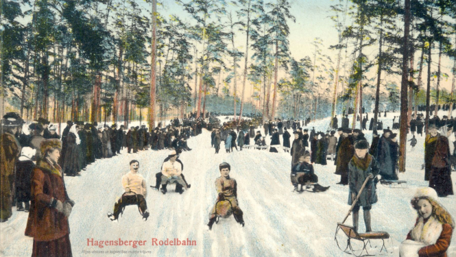 Pastkarte “Kamaniņu trase Āgenskalnā”. 20. gadsimta sākums. Rīgas vēstures un kuģniecības muzeja krājums.